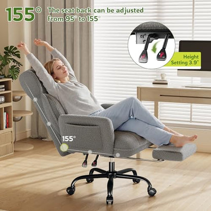 DurayLoly Big and Tall Office Chair with Footrest & Adjustable Armrests | 145° Reclining Backrest, Soft Teddy Fleece, Height Adjustable & 360° Swivel for Home Office, Bedroom - Grey - color: Grey