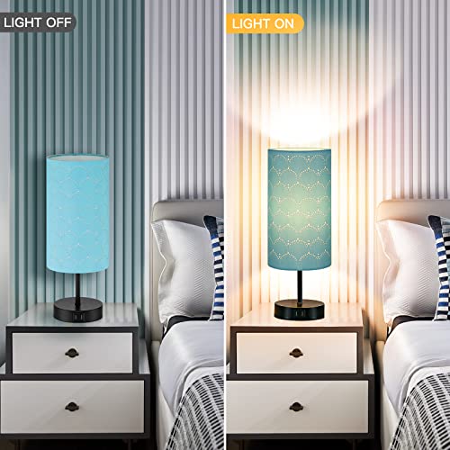CINSARY Touch Control Bedside Lamp with 2 USB Ports, 3-Way Dimmable Table lamp for Bedroom, Nightstand Lamp with Round Blue Fabric Shade for Living Room Home Office (E26 LED Bulb Included) - color: Blue