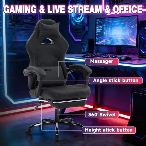 Gaming Chair with Footrest and Massage Lumbar Support, Ergonomic Computer Gamer Chair, Office Video Game Chairs with Adjustable Height and Backrest (Black) - color: Black