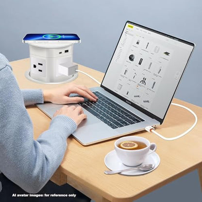 7-in-1 Pop Up Outlet with 15W Wireless Charger,3.86 inch Hole; 4 Outlets 1875W Overload Protection, USB-A,USB C Ports PD 20W,6.5FT 16AWG Cable UL Testing for Office Home-White - color: Super charging - White