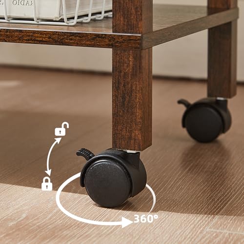 YUFAM 2 Tier Under Desk Printer Stand with Charging Station, Brown | Wooden Small Printer Table for Home Office, Rolling Printer Cart Shelf with Lockable Wheels - color: Brown, size: 11.8"D×15.7"W×15.3"H(With USB)