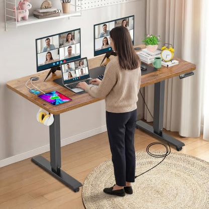 farexon 55 x 24inch Electric Standing Desk Adjustable Height with Power Outlets, Stand up Desk with Wheels,Outlets, Mouse Pad, Preset Heights Home Office Gaming Computer Workstations Table（Brown） - color: Brown, size: 55 x 24''-Outlets
