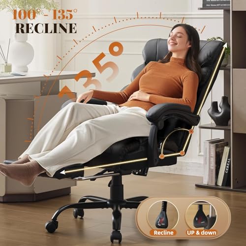 Office Chair with Footrest 500 LBS, Heavy Duty Executive Leather Desk Chair 100-135° Recline, Ergonomic Computer Chair for Heavy People Long Hours Work with Retractable Footrest, Black - color: Black With Footrest