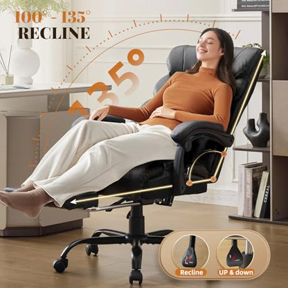 Office Chair with Footrest 500 LBS, Heavy Duty Executive Leather Desk Chair 100-135° Recline, Ergonomic Computer Chair for Heavy People Long Hours Work with Retractable Footrest, Black - color: Black With Footrest