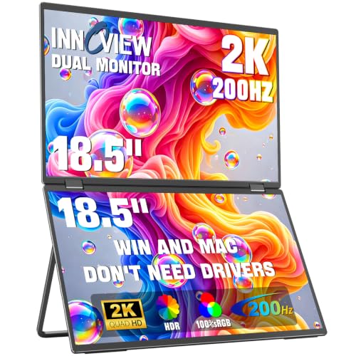 InnoView 18.5" Dual Portable Monitor 2K 200Hz 100% sRGB - Foldable & Stackable Design with 315° Screen Adjustment & 180° Stand | DP/USB-C/HDMI, Second Monitor for Laptop, Mac, Windows - size: 18"
