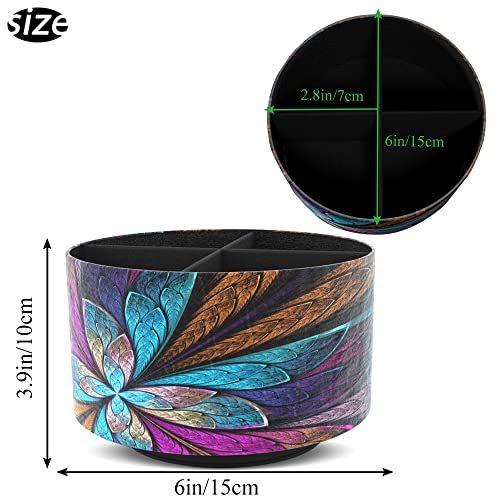 Round Leather Art Supply Organizer,Remote Control Holder,360 Degree Rotating,Multi-Functional Pencil Holder,4 Compartments Desktop Stationary Organizer(1-Fractal Flower) | Round - color: 1-Fractal Flower