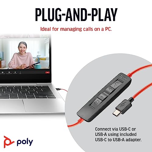 Poly Blackwire 3220 Wired Headset with Mic, Hi-Fi Stereo Sound, Noise-Canceling Mic, Stereo Design, Connect to PC via USB-C & USB-A Adapter, (Renewed)