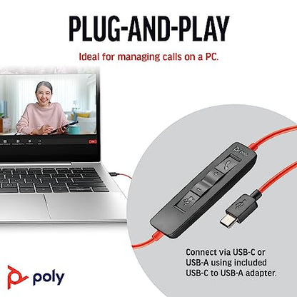 Poly Blackwire 3220 Wired Headset with Mic, Hi-Fi Stereo Sound, Noise-Canceling Mic, Stereo Design, Connect to PC via USB-C & USB-A Adapter, (Renewed)