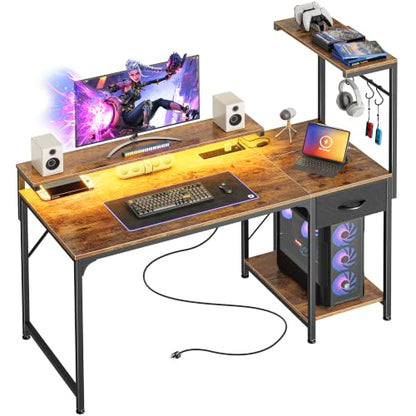 PRAISUN 47.2 Inch Gaming Desk with LED Lights & Power Outlets - color: Rustic Brown, size: 47.2 Inch