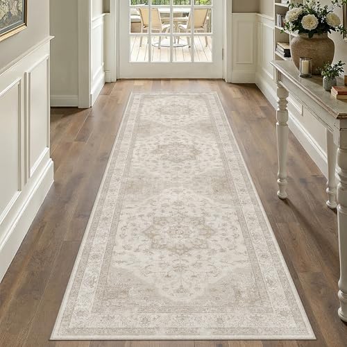 PureCozy Beige 2.6x10 Washable Runner Rug Vintage Oriental Medallion Carpet | Soft Low Pile, Non Slip, Stain Resistant, Neutral Retro Decor for Hallway, Entryway, Bedroom, Kitchen, Entryway - color: Beige, size: 2'6" x 10' (Runner)