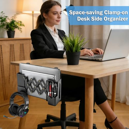 Desk Side Storage，Under Desk Clamp-on Vertical Laptop Holder,7-17 Inch Length Adjustable with Pen & Headphone Holder,No Drill Storage Shelf for Desk，Fits Table Edge 0.4" to 2.3"(Black)