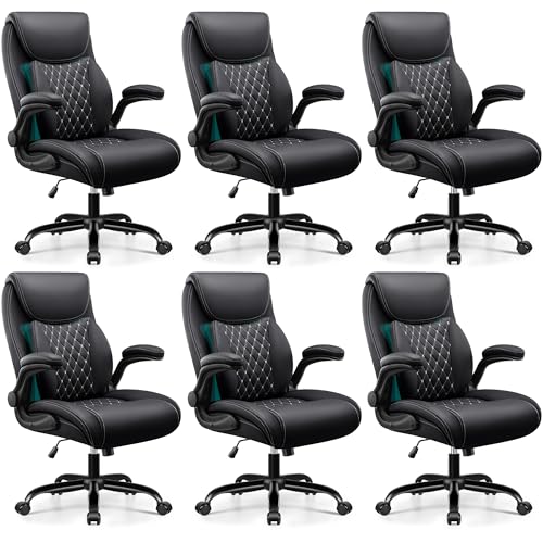 BESTFAIR Office Chair, Ergonomic Computer Desk Chairs with Lumbar Support for Lower Back Pain Relief, Executive Leather Home Chair Comfy with Padded Flip-up Armrests, Black, 6-Pack - color: Black, size: 6 Pack