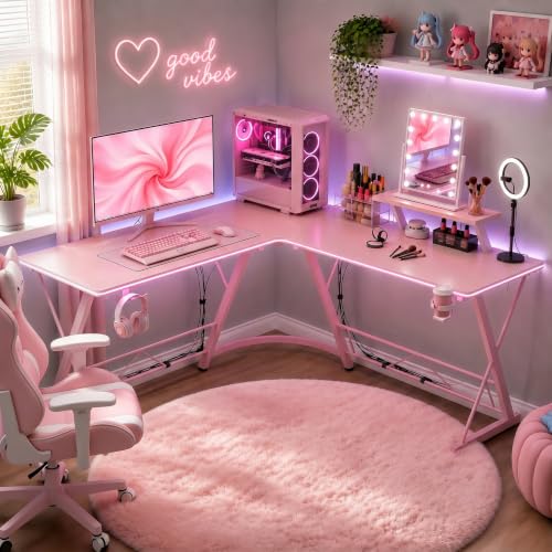 Mr IRONSTONE Gaming Desk with LED Lights, L Shaped Desk Corner with Cup Holder & Headphone Hook, Computer Desk Home Office Desks with Large Monitor Stand, Carbon Fiber Surface, Pink 51 Inch - color: Cyber Pink, size: 51Inch