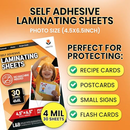 VIOLETTO Self-Adhesive Laminating Sheets, 4 x 6 in, 4mil, No Heat, 30 Pack | 30 self-adhesive cold laminating sheets, 4x6 photo size, 4 mil. No machine or heat needed; peel and stick to protect. - size: Photo Size 30 Pack