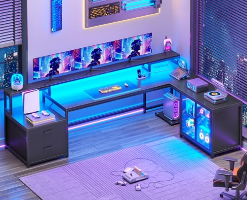 SEDETA L Shaped Gaming Desk, 78.7” Large Computer Desk with Drawers and Power Outlet & LED Light, Corner Gaming Desk with Storage Shelves, Display Cabinet for Home Office, Black - color: Black