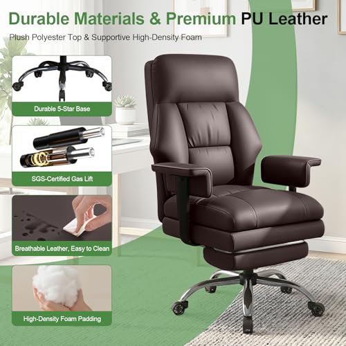Office Chair Comfortable Executive Desk Chair with Foot Rest, Adjustable Height Home Computer Chair High Back Gaming Chair Leather Swivel Rolling Work Chairs, Brown - color: Brown