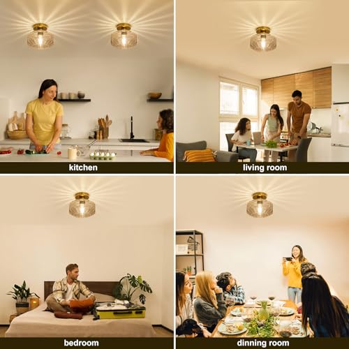 Tbaoinal Semi Flush Mount Ceiling Light with Diamond Glass Shade, 36-Faceted Panels Create Starburst Effect, 1200LM LED Bulb Included Brushed Gold Finish Ideal for Hallway Entryway Kitchen Bathroom - color: Gold Brass