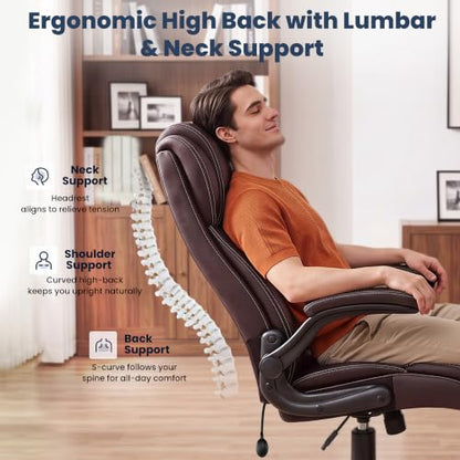 Ergonomic Office Chair, High Back Executive Leather Desk Chair - color: Coffee