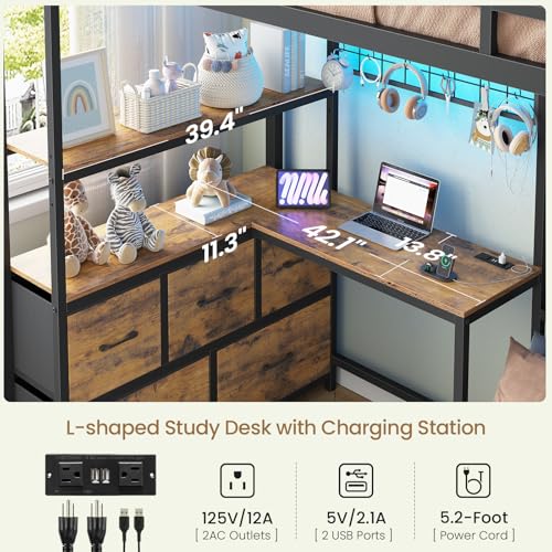 DICTAC Bunk Bed with L-Shaped Desk,5 Storage Drawers and 2 Shelves Metal Twin XL Over Twin Bunk Bed with LED Lights and Charging Station,bunk Beds with Safety Guardrail & Ladder,Space-Saving,Black - color: Black, size: Twin XL Over Twin
