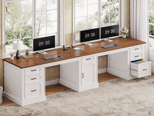 SEDETA Farmhouse 110.3" Two Person Desk with 7 Drawers, Long Computer Desk with Storage Cabinet, 2 Person Desk with Power Outlets for Home Office, White+Brown - color: White+brown, size: 110.3" Two Person Desk