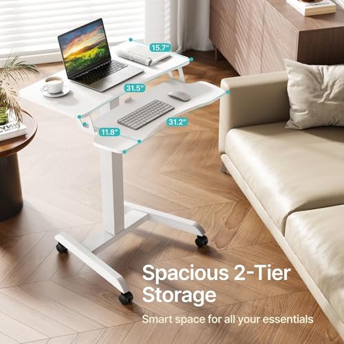 PEGZONE 31'' Standing Rolling Desk with Keyboard Tray for Classroom, White