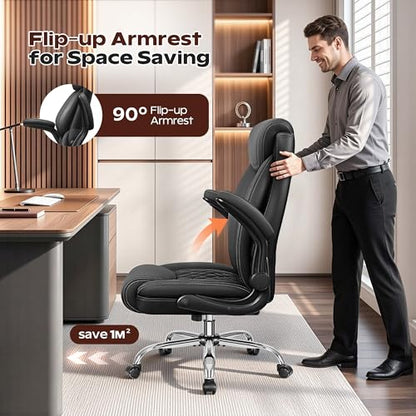 BestGlory Office Chair, Ergonomic High Back Home Office Desk Chair, Big and Tall Breathable Leather Office Chair with Lumbar Support Flip-Up Armrests, Computer Gaming Chair with Rocking Function - color: Black, style: Without Footrest