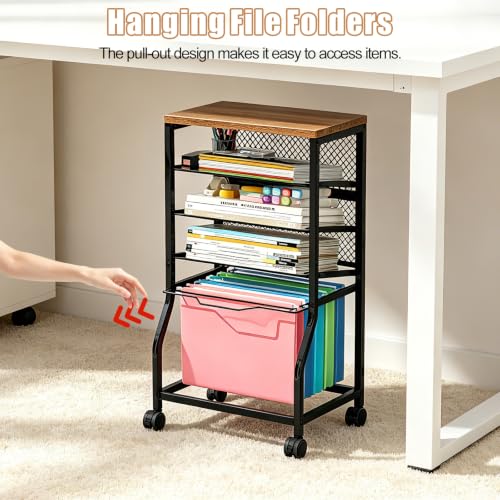 INGIORDAR 5 Tier Rolling File Cart Sliding Hanging Folder Storage Wheels | Under Desk Storage Organizer On Lockable Wheels Mesh Sliding Trays Multifunctional Clutter Cart for Office School Home