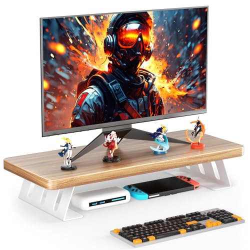 Monitor Stand Riser, 24 Inch Wood Desk Monitor Riser for Laptop/PC/Printer - color: Light Walnut - White Legs