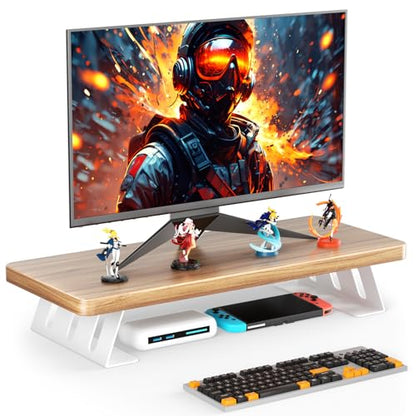 Monitor Stand Riser, 24 Inch Wood Desk Monitor Riser for Laptop/PC/Printer - color: Light Walnut - White Legs