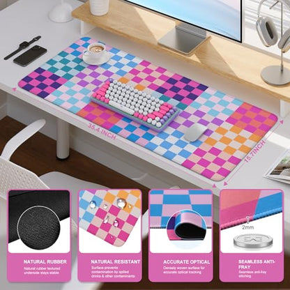 iCasso Desk Matt for Desktop, Cute Desk Pad Mat, Colour Checkered | XXL Large Mouse Pad, Anti-Slip Big Mousepad with Stitched Edges, Keyboard Pad Mouse Mat for Computer - color: Colour Checkered
