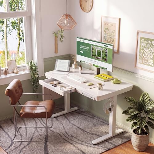 INNOVAR 32" Small Glass Standing Desk with Drawers & USB Ports, Whole-Piece Glass Top Adjustable Height Desks, Quick-Install Electric Sit-Stand Up Desk for Home Office & Computer Workstation, White - color: Super White, size: 32 inch with USB