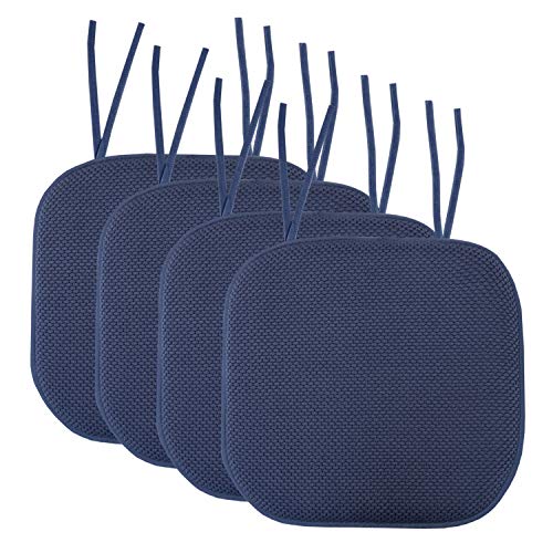 Sweet Home Collection Chair Cushion Memory Foam Pads with Ties Honeycomb Pattern Slip Non Skid Rubber Back Rounded Square 16" x 16" Seat Cover, 4 Pack, Navy 4 Pack - color: Navy, size: 4 Count (Pack of 1)