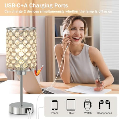 Crystal Table Lamp, Silver Touch Lamp with USB C+A Port, 3-Way Dimmable - color: Silver-1, size: 14.75"