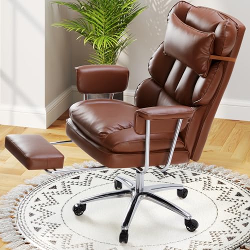 DUMOS Ergonomic Home Office Desk Chair, Executive Chair, PU Leather | Big Tall High Back, Lumbar Support, Reclining Height Adjustable, Computer Gaming, Footrest Swivel Wheels, Brown - color: Brown