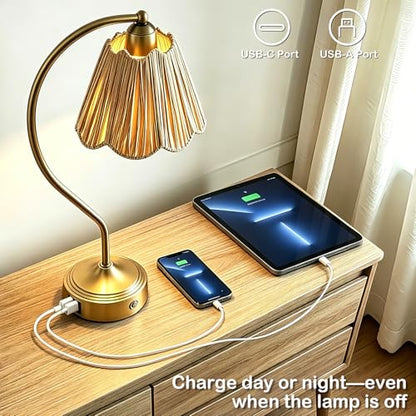 Boho Rattan Touch Small Table Lamps USB C+A Ports | Retro Rattan Shade, 3-Way Dimmable Farmhouse Lamp for Bedroom Living Room Entryway Office, LED Bulbs Included - color: Brass-Single