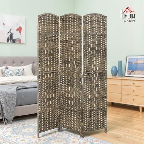 HOMCOM 3 Panel Room Divider 6 Ft Privacy Screen Hand-Woven Dark Rustic Oak | Folding PP Wall Partition, Pine Wood Frame, Freestanding Room Separator, Bedroom Home Office, No Assembly - color: Oak, size: 3 Panel