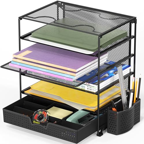 Simple Houseware 5-Tier Desk File Organizer w/Drawer & Pen Holder, Black