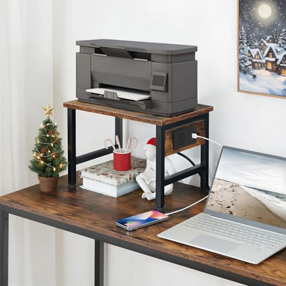 HOOBRO Printer Stand for Desk, Desktop Printer Stand with Charging Station, Small Printer Table with Storage Hook, Under Desk Printer Cart, File Rack for Home Office BF01UPS01 - color: Rustic Brown + Black