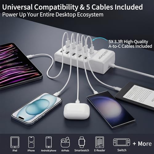 10-Port USB Charging Station, 50W 10A Desktop Charger with 5 A-to-C Cables