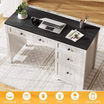 Vabches Farmhouse Executive Desk with 4 Drawers, Home Office Desk with File Drawer, Wood Computer Desk with Storage, Rustic Office Desk for Work Study Writing, Black White - color: Black White