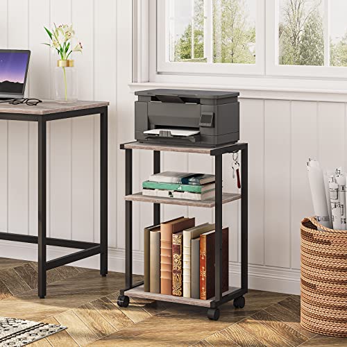 HOOBRO Mobile Printer Stand, 3-Tier Printer Cart Under Desk with Storage, Industrial Adjustable Rolling Cart, Sturdy Little Table on Wheels for Home Office BG28PS01N1 - color: Greige + Black