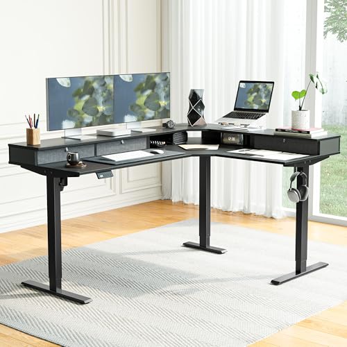 FEZIBO L Shaped Electric Standing Desk, 63 x48 inch Large with Drawers | Reversible Tabletop, 2 Memory Height Settings | Home Office & Gaming Height-Adjustable Table, Black Top/Black Frame（2 packages） - color: Black, size: 63"x48"