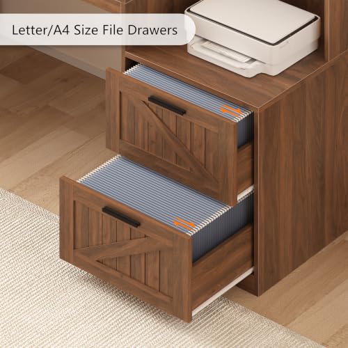 TVU Farmhouse L Shaped Desk with Drawers, 62.2" Home Office Desk with Storage Shelves and Power Outlet, L Shaped Computer Desk with Monitor Stand and Printer Shelf, Brown - color: Brown