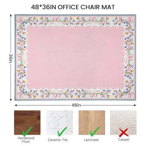 Office Chair Mat for Hardwood/Tile Floor, 36"x48"Desk Chair Mat for Rolling, Non Slip Under TPR Backing Low-Pile Rug(Pink Bow Flower EA) - color: Pink Bow Flower Ea