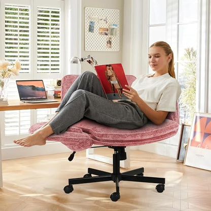 Criss Cross Chair with Wheels & Arms, Chenille Cross Legged Office Chair with 5-level Folding Armrest, Comfortable Adjustable Swivel Vanity Chair for Home, Make Up, Bed Room, Office, Accent (Pink) - color: Pink, style: Modern