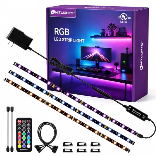 Hitlights LED Strip Lights 3 Pcs 1.64FT RGB Small LED Light Strips Kit Dimmable RGB 5050 Color Changing Tape Lights TV Backlight Display Case Lights Shelves Lighting with RF Remote & UL-Listed Adapter - size: 3 X 1.64FT (5FT) - Not Waterproof