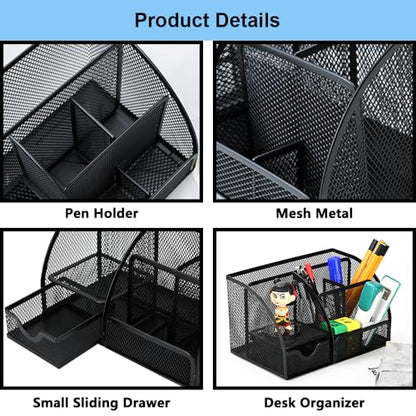 Desk Organizer Stationery Storage, Pencil Holder for Desk, Wire Mesh Office Supplies Journals Notebooks Organizers with 7 Compartments and Mini Drawer (Black) - style: 7 Compartments