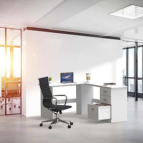 SHW L-Shaped Home Office Wood Corner Desk w/Box Box File Drawers, White - color: White