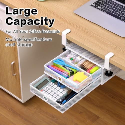 Under Desk Drawer, Clamp on Desk Organizer Slide Out Table Storage No Drill - color: White - 2 Tier