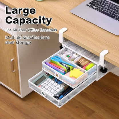 Under Desk Drawer, Clamp on Desk Organizer Slide Out Table Storage No Drill - color: White - 2 Tier